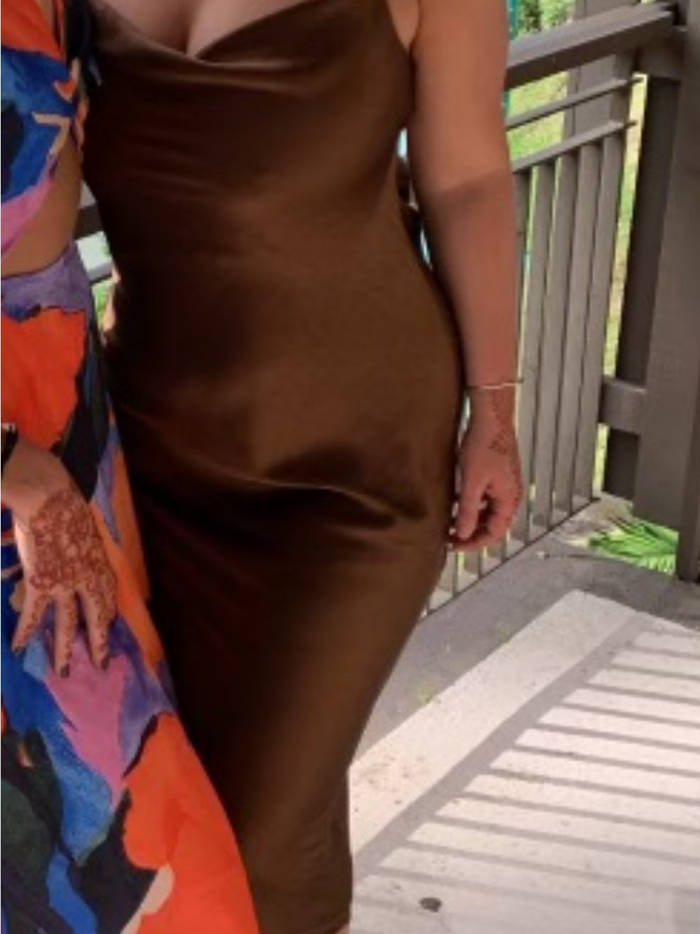 Hello Molly Satin Cowl Midi Dress in Brown